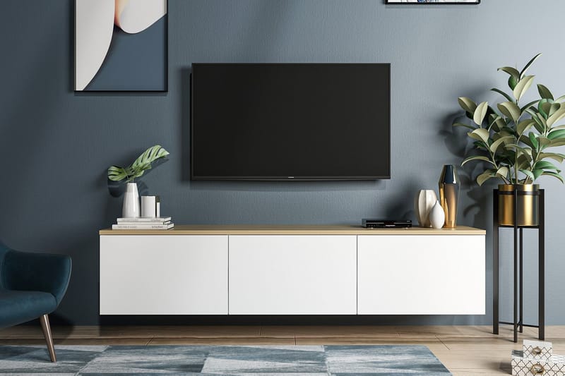 TV-benk 160 cm 3 Skap - Hvit/Natur - TV benk & mediabenk