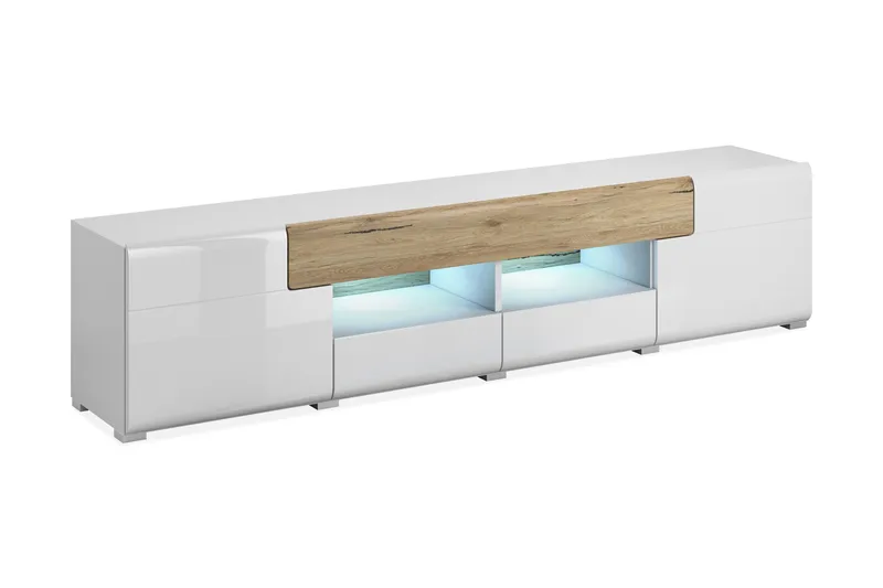 TV-benk Aureas 208 cm, Eik/Hvit høyglans