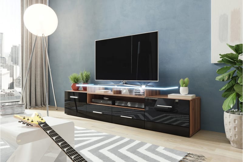 TV-Benk Evora 39x194 cm LED-belysning - Svart Høyglans - Møbler - TV- & Mediamøbler - TV benk & mediabenk
