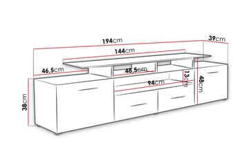 TV-Benk Evora 39x194 cm LED-belysning - Svart Høyglans - Møbler - TV- & Mediamøbler - TV benk & mediabenk