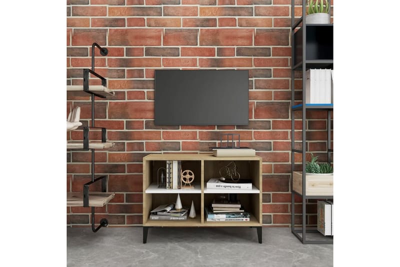 TV-benk med metallben hvit og sonoma eik 69,5x30x50 cm - Beige - TV benk & mediabenk