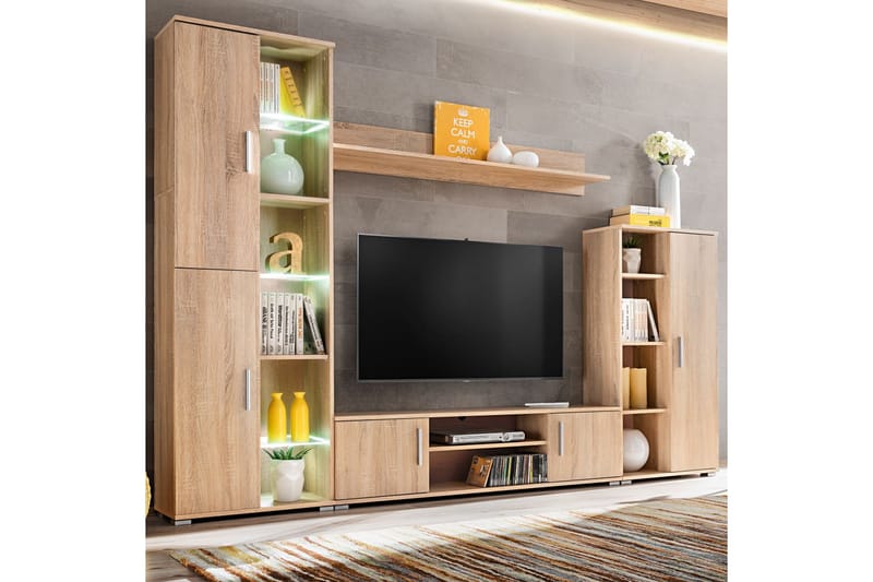 TV-veggenhet med LED-lys sonoma eik - Brun - TV benk & mediabenk