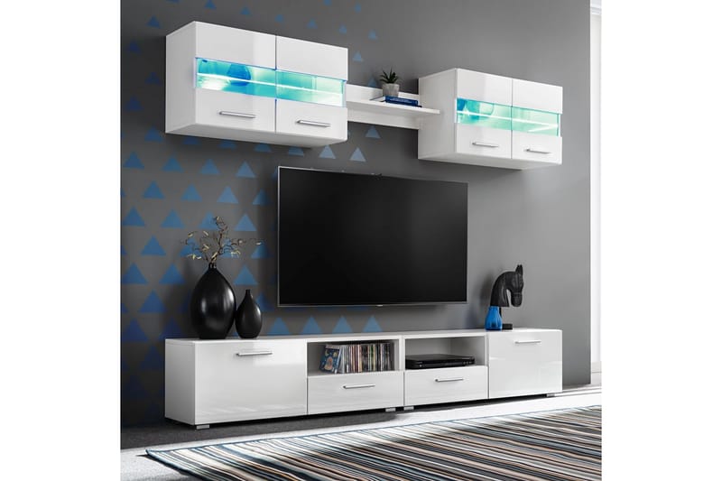 TV Veggenhet sett 5 stk med LED-lys høyglans hvit - Hvit - TV benk & mediabenk