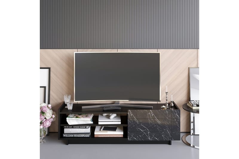 Ulica TV-benk 140 cm Dør + 3 hyller - Svart - Møbler - TV- & Mediamøbler - TV benk & mediabenk