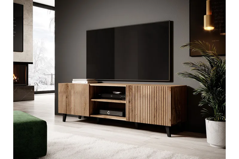 Växjö TV-benk med Oppbevaring + Hylle - Svart / Eik / Ribbet - Møbler - TV- & Mediamøbler - TV benk & mediabenk