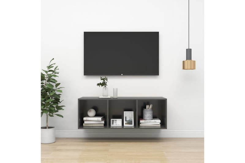 Vegghengt TV-benk høyglans grå 37x37x107 cm sponplate - Grå - TV benk & mediabenk