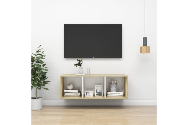 Vegghengt TV-benk sonoma eik og hvit 37x37x107 cm sponplate - Beige - TV benk & mediabenk