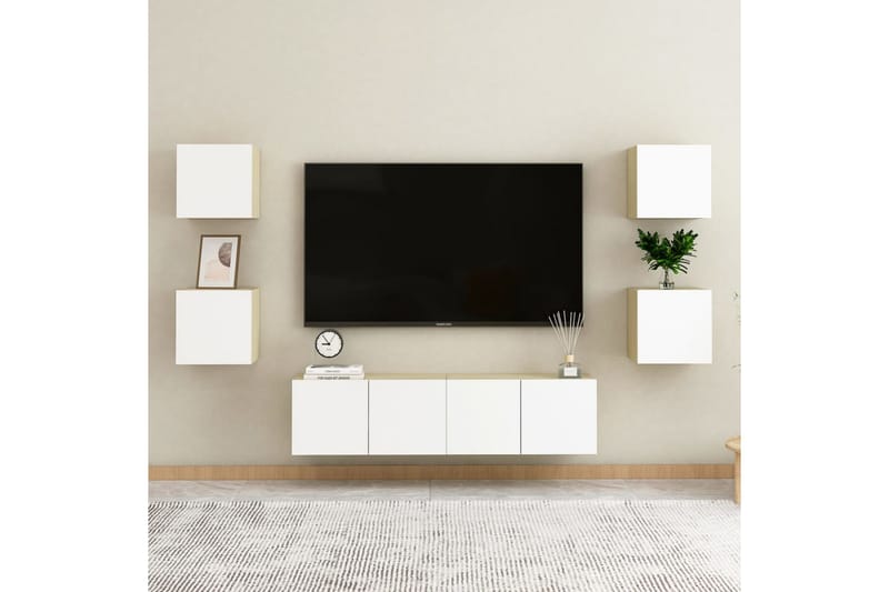 Vegghengte TV-benker 2 stk hvit og sonoma eik 30,5x30x30 cm - Beige - TV benk & mediabenk