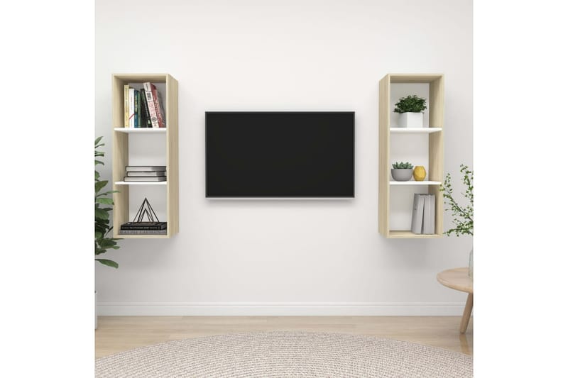 Vegghengte TV-benker 2 stk hvit og sonoma eik sponplate - Beige - TV benk & mediabenk