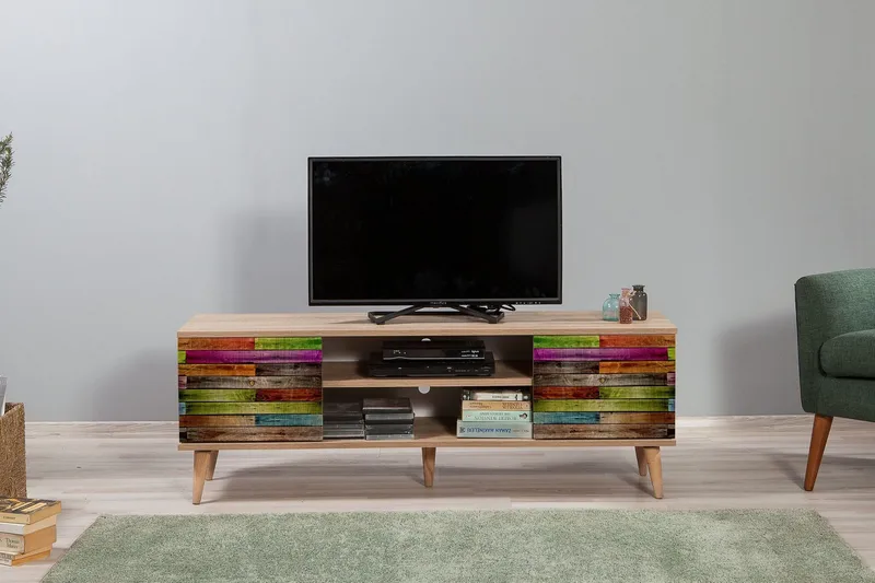 Vellavie TV-benk 140 cm Regnbuepanel - Brun/Rød/Grønn - Møbler - TV- & Mediamøbler - TV benk & mediabenk