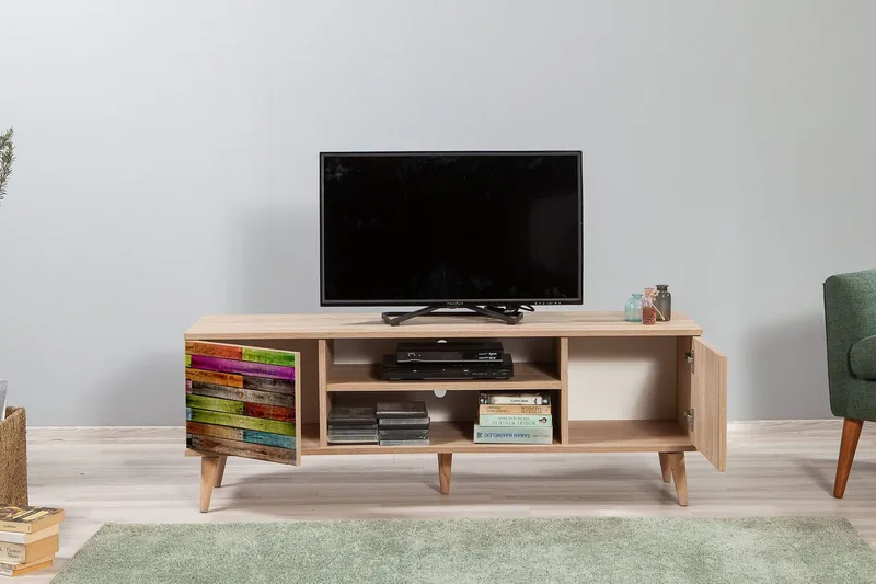 Vellavie TV-benk 140 cm Regnbuepanel - Brun/Rød/Grønn - Møbler - TV- & Mediamøbler - TV benk & mediabenk