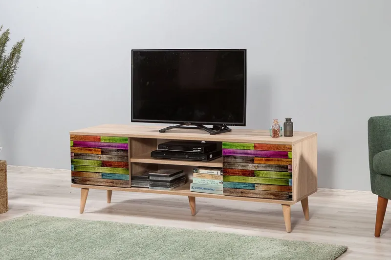 Vellavie TV-benk 140 cm Regnbuepanel - Brun/Rød/Grønn - Møbler - TV- & Mediamøbler - TV benk & mediabenk