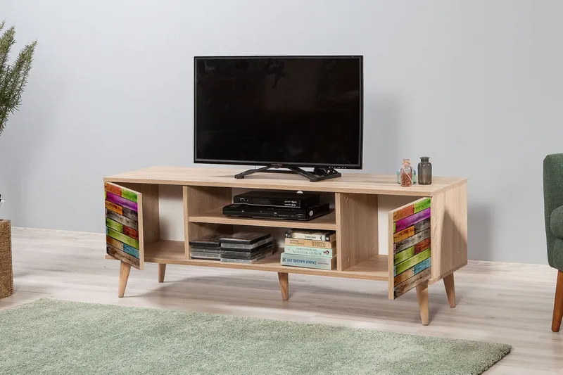 Vellavie TV-benk 140 cm Regnbuepanel - Brun/Rød/Grønn - Møbler - TV- & Mediamøbler - TV benk & mediabenk