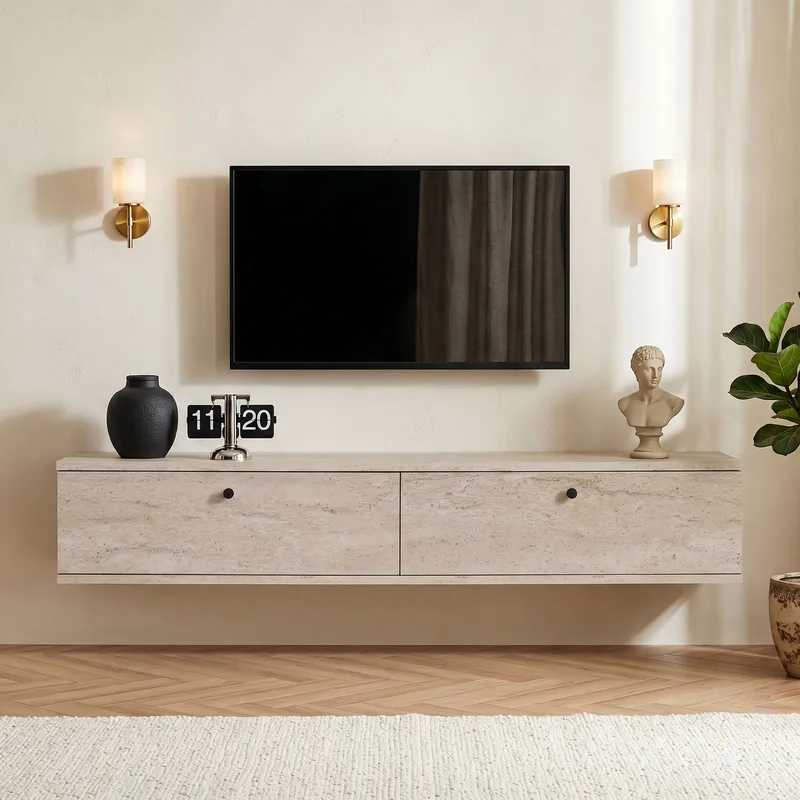 TV-benk Nordure Ligne (140 x 25 x 25 cm) Travertin - Travertin - Møbler - TV- & Mediamøbler - TV-hylle