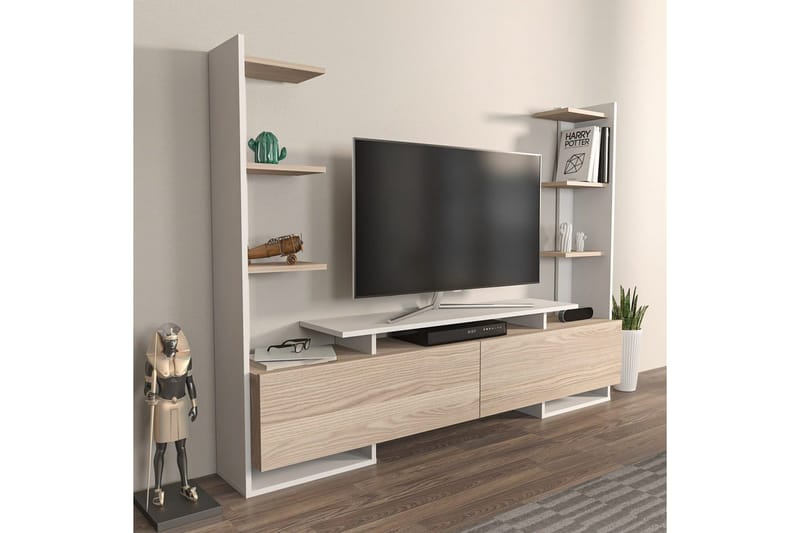 TV-bord Akdere Hvit / Eik - Mellomfarget tre/Hvit - Møbler - TV- & Mediamøbler - TV benk & mediabenk