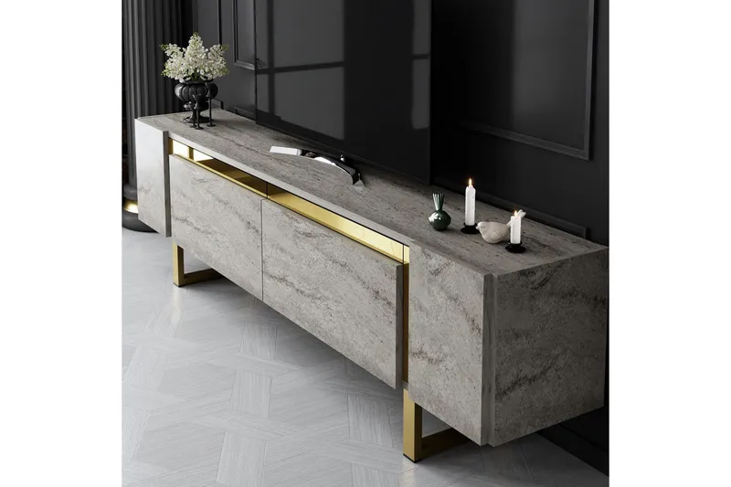 TV-bord Sozi Travertin / Gull - Travertin / Gull - Møbler - TV- & Mediamøbler - TV benk & mediabenk