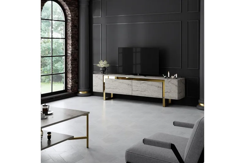 TV-bord Sozi Travertin / Gull - Travertin / Gull - Møbler - TV- & Mediamøbler - TV benk & mediabenk