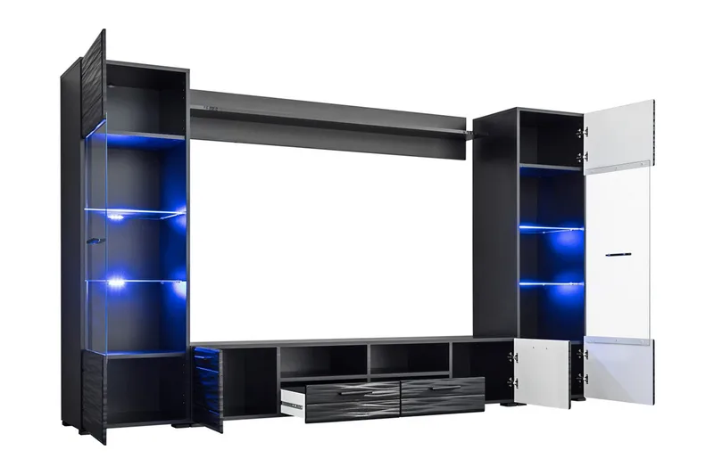 Apryl Modern TV mediamøbel med vitrineskap og LED-belysning - Svart / Tre / Glass - Møbler - TV- & Mediamøbler - TV-møbelsett