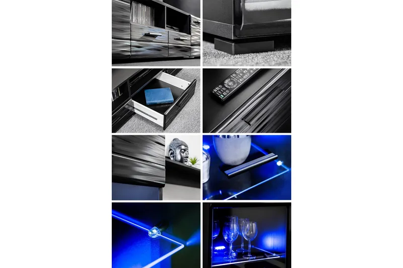 Apryl Modern TV mediamøbel med vitrineskap og LED-belysning - Svart / Tre / Glass - Møbler - TV- & Mediamøbler - TV-møbelsett