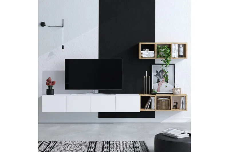 Pa TV-møbelsett 215x32 cm Hvit/Brun - Hanah Home - Møbler - TV- & Mediamøbler - TV-møbelsett