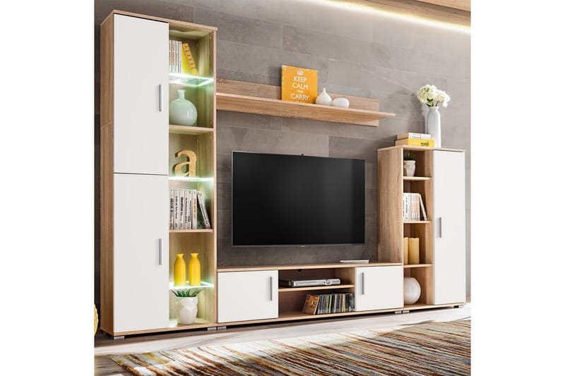 TV-veggenhet med LED-lys sonoma eik og hvit - Brun - TV-møbelsett