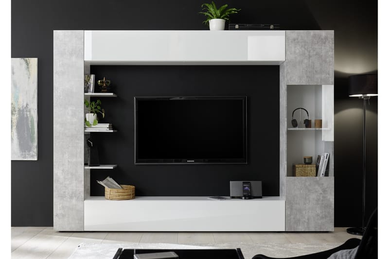 Veggkombinasjon Selvena 295 cm - Hvit|Grå - TV-møbelsett