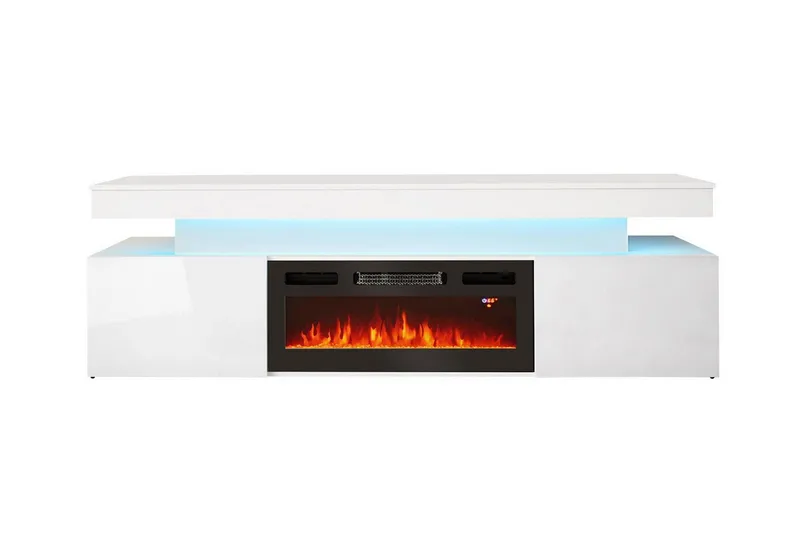 Glenndale TV benk med oppbevaring + LED kamin + Belysning 190 cm - Hvit - Møbler - TV- & Mediamøbler - TV-skap