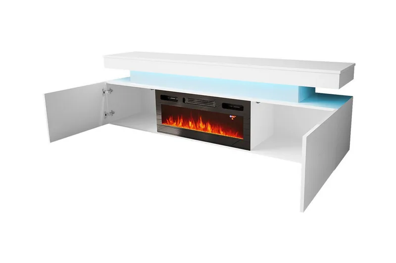 Glenndale TV benk med oppbevaring + LED kamin + Belysning 190 cm - Hvit - Møbler - TV- & Mediamøbler - TV-skap