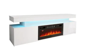 Glenndale TV benk med oppbevaring + LED kamin + Belysning 190 cm - Hvit - Møbler - TV- & Mediamøbler - TV benk & mediabenk