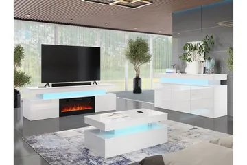 Glenndale TV benk med oppbevaring + LED kamin + Belysning 190 cm - Hvit - Møbler - TV- & Mediamøbler - TV benk & mediabenk