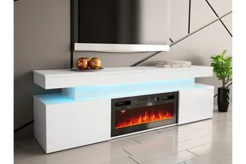 Glenndale TV benk med oppbevaring + LED kamin + Belysning 190 cm - Hvit - Møbler - TV- & Mediamøbler - TV benk & mediabenk