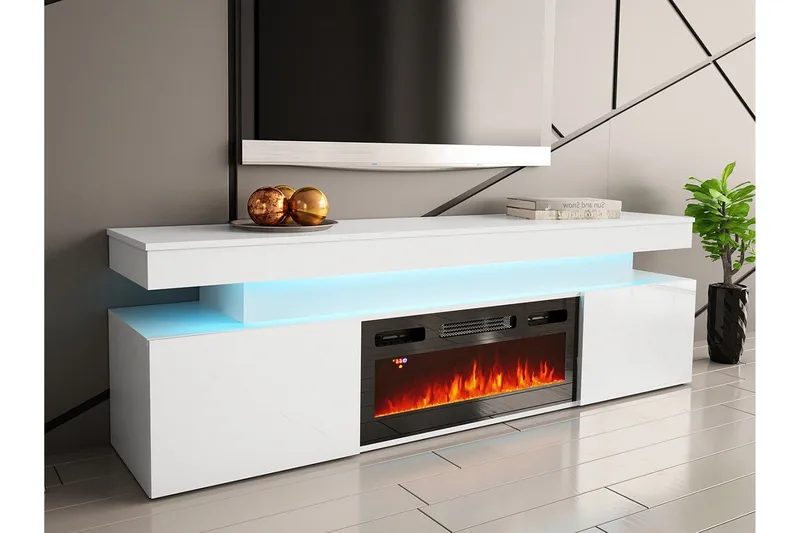 Glenndale TV benk med oppbevaring + LED kamin + Belysning 190 cm - Hvit - Møbler - TV- & Mediamøbler - TV benk & mediabenk