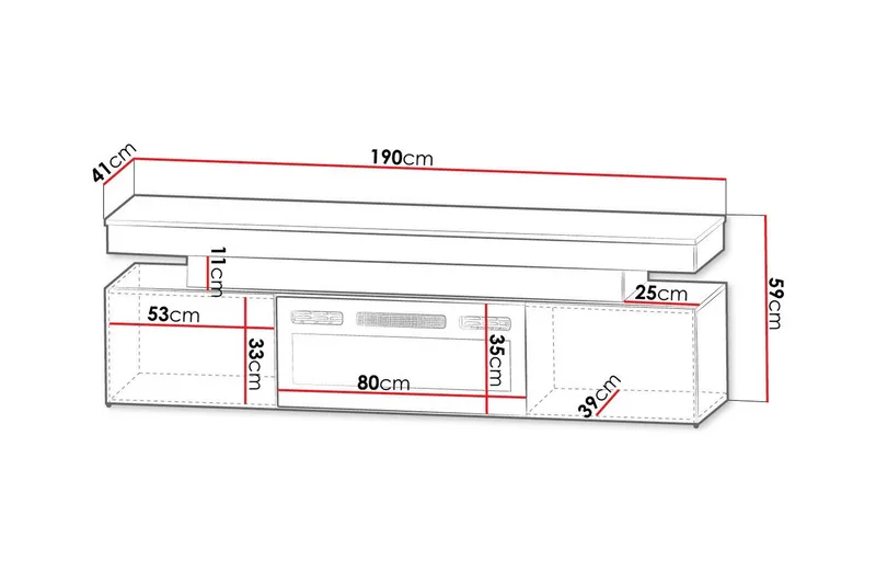 Glenndale TV benk med oppbevaring + LED kamin + Belysning 190 cm - Hvit - Møbler - TV- & Mediamøbler - TV benk & mediabenk