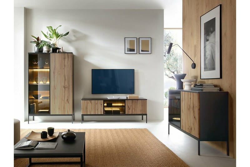 Klinkerville TV-benk med Belysning 39 cm dyp 56 cm bred - Svart Tre / Glass / Ribbet - Møbler - TV- & Mediamøbler - TV-skap