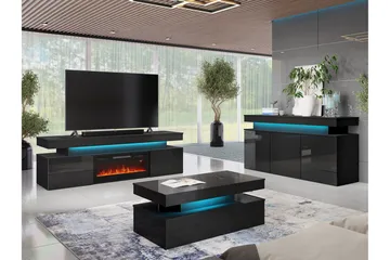 TV-benk Glenndale med oppbevaring + LED-kamin + Belysning 190 cm - Svart - Møbler - TV- & Mediamøbler - TV benk & mediabenk