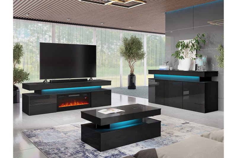 TV-benk Glenndale med oppbevaring + LED-kamin + Belysning 190 cm - Svart - Møbler - TV- & Mediamøbler - TV benk & mediabenk