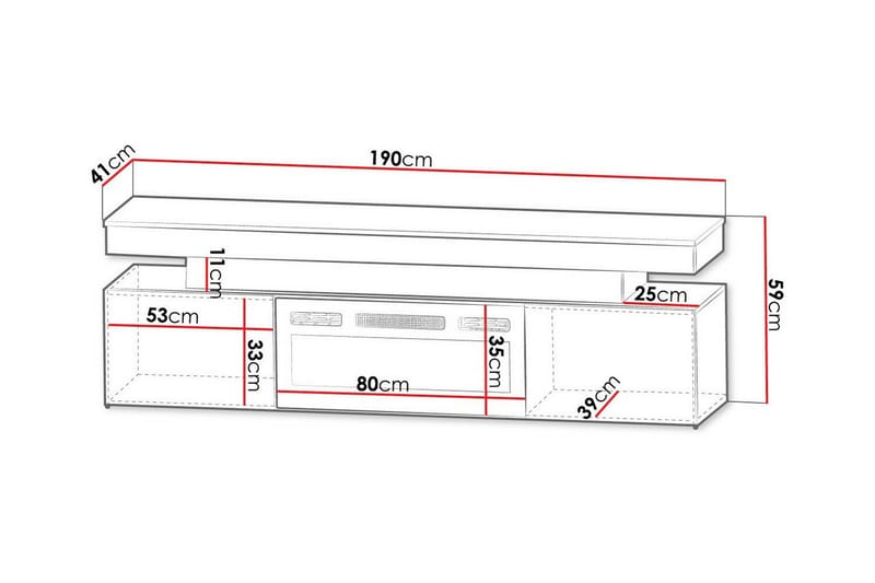 TV-benk Glenndale med oppbevaring + LED-kamin + Belysning 190 cm - Svart - Møbler - TV- & Mediamøbler - TV benk & mediabenk