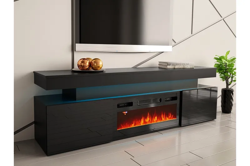 TV-benk Glenndale med oppbevaring + LED-kamin + Belysning 190 cm - Svart - Møbler - TV- & Mediamøbler - TV benk & mediabenk