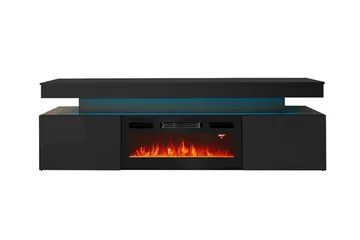 TV-benk Glenndale med oppbevaring + LED-kamin + Belysning 190 cm - Svart - Møbler - TV- & Mediamøbler - TV benk & mediabenk