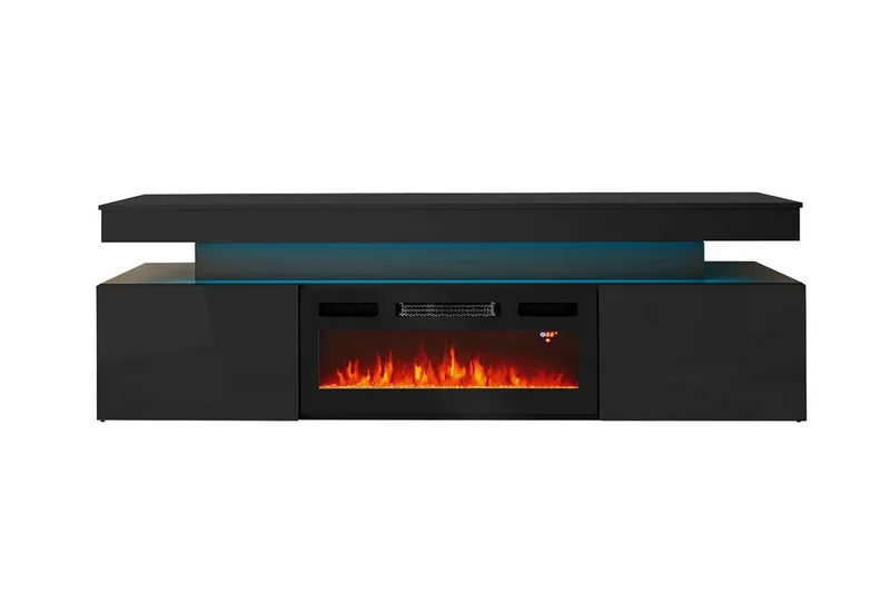 TV-benk Glenndale med oppbevaring + LED-kamin + Belysning 190 cm - Svart - Møbler - TV- & Mediamøbler - TV benk & mediabenk