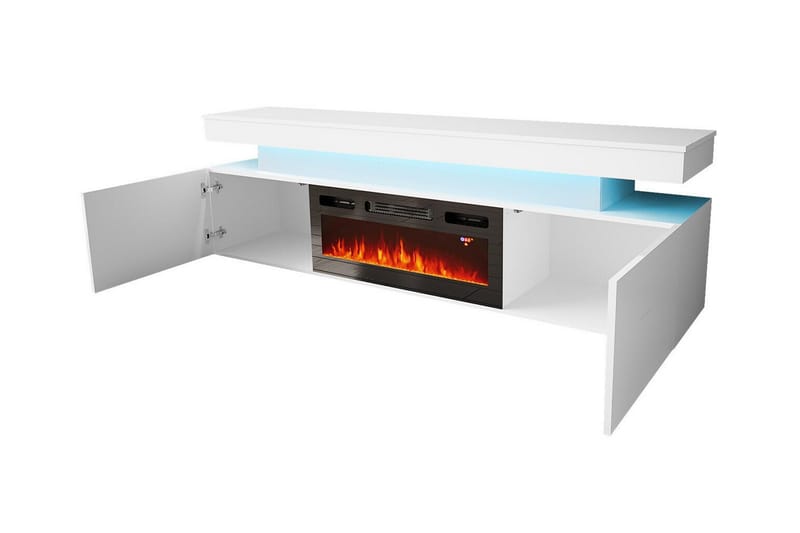 TV-benk Glenndale med oppbevaring + LED-kamin + Belysning 190 cm - Svart - Møbler - TV- & Mediamøbler - TV benk & mediabenk