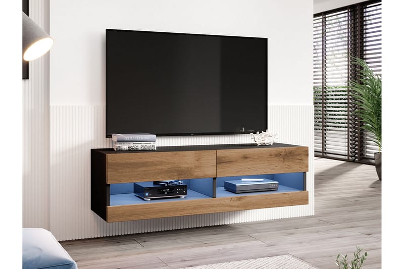 Tv-skap Veria 180 cm Blå LED - Natur/Svart - TV-skap