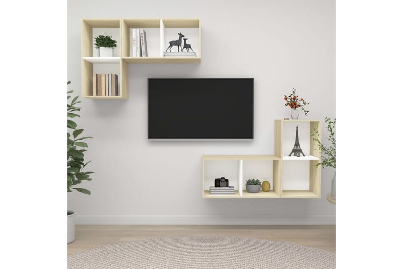 Vegghengte TV-benker 4 stk hvit og sonoma eik sponplate - Beige - TV-skap