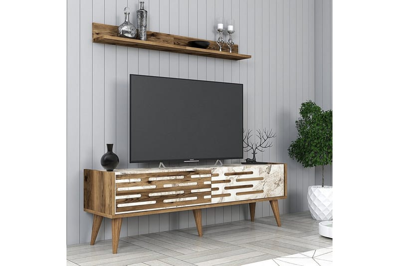 Valensiya TV-møbelsett 140x45 cm - Valnøtt/Hvit/Marmor - Møbler - TV- & Mediamøbler - TV-møbelsett