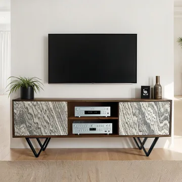 Venlor TV-benk 150x56x35 cm i massivt sheeshamtre med hvit steinlook - Hvit - Møbler - TV- & Mediamøbler - TV benk & mediabenk