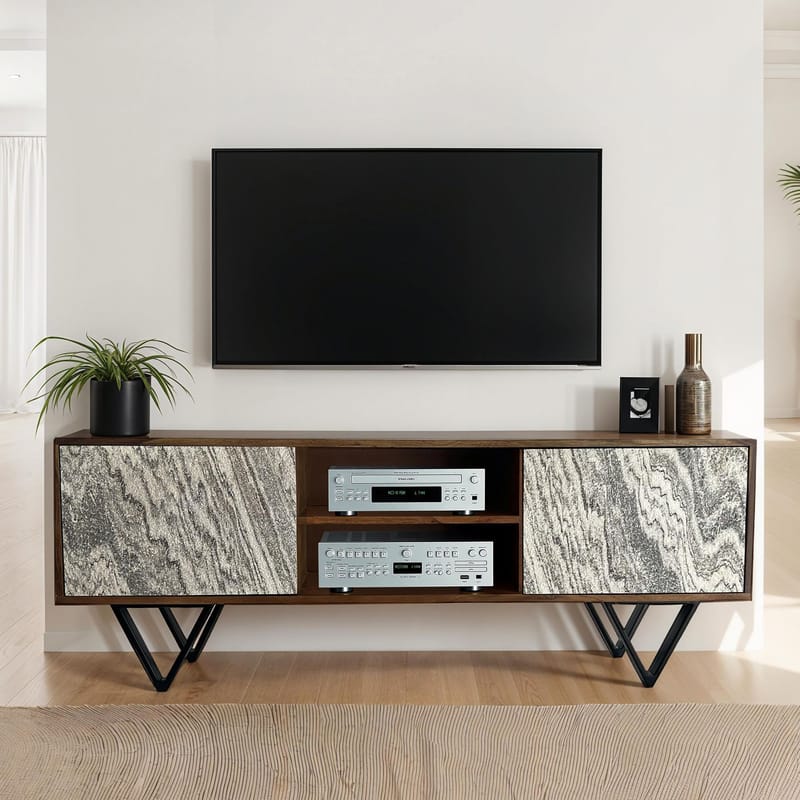 Venlor TV-benk 150x56x35 cm i massivt sheeshamtre med hvit steinlook - Hvit - Møbler - TV- & Mediamøbler - TV benk & mediabenk