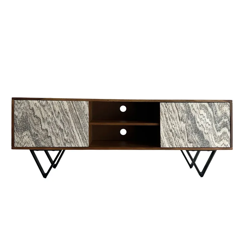 Venlor TV-benk 150x56x35 cm i massivt sheeshamtre med hvit steinlook, Hvit