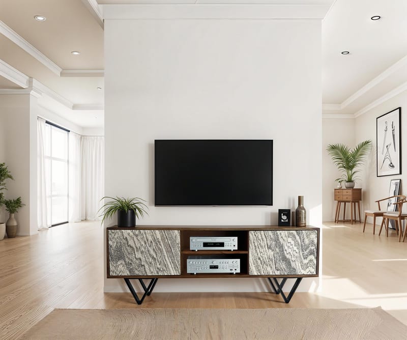 Venlor TV-benk 150x56x35 cm i massivt sheeshamtre med hvit steinlook - Hvit - Møbler - TV- & Mediamøbler - TV benk & mediabenk