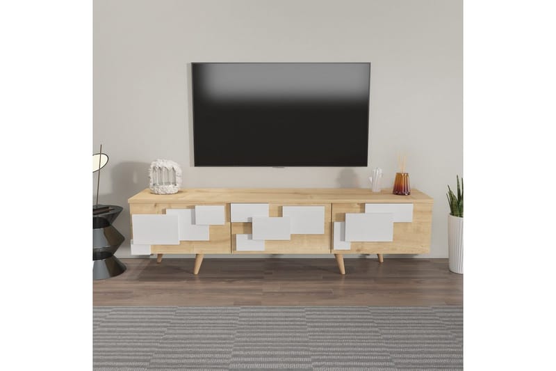 Xamira TV-benk 160 cm - Mellomfarget tre/Hvit - Møbler - TV- & Mediamøbler - TV benk & mediabenk