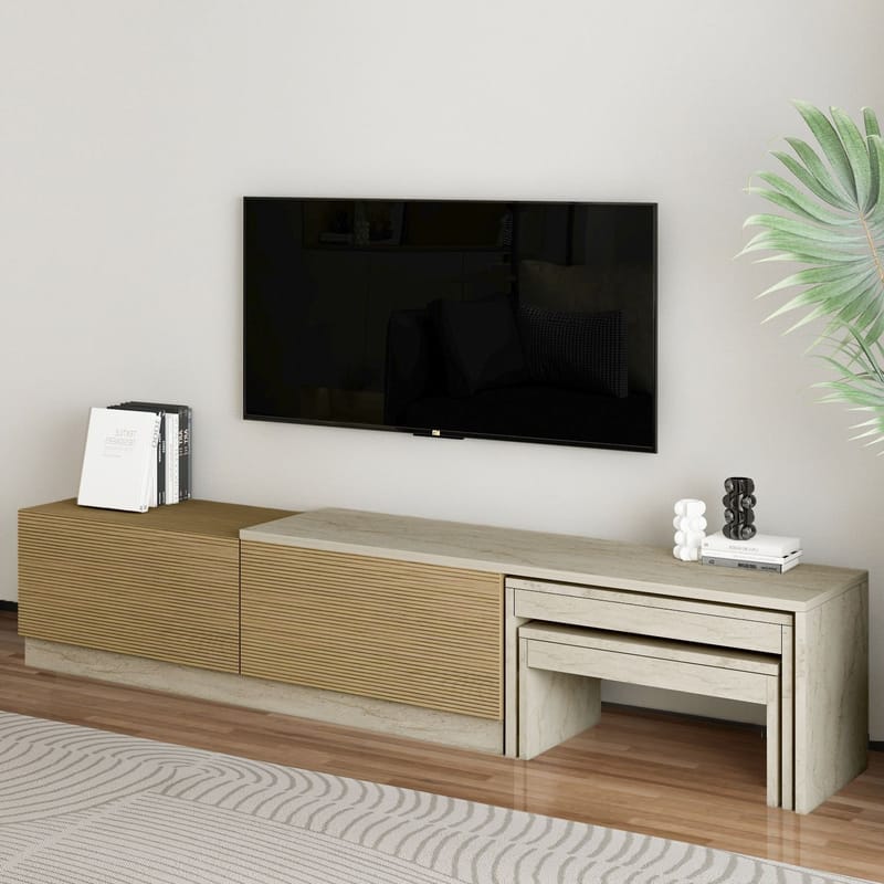 Zalven TV-benk 180x36x30 cm - travertin og varm eik - Møbler - TV- & Mediamøbler - TV benk & mediabenk